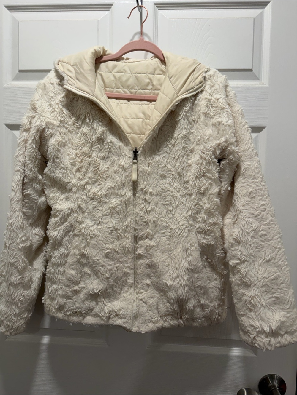 Women's Cream Faux Fur Ski Jacket with Quilted Lining